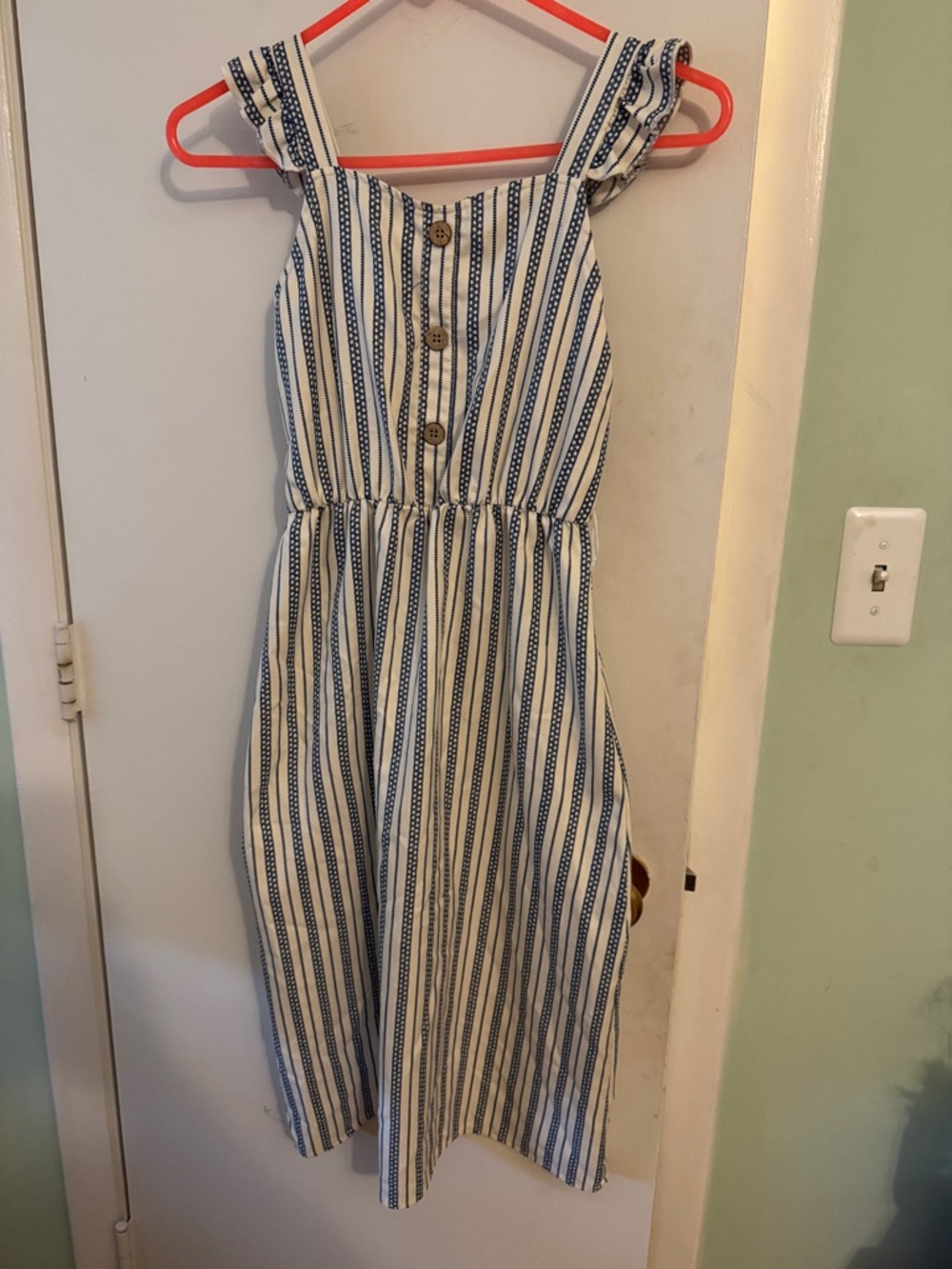 Girls Blue & White Striped Sundress with Button-Front Detail
